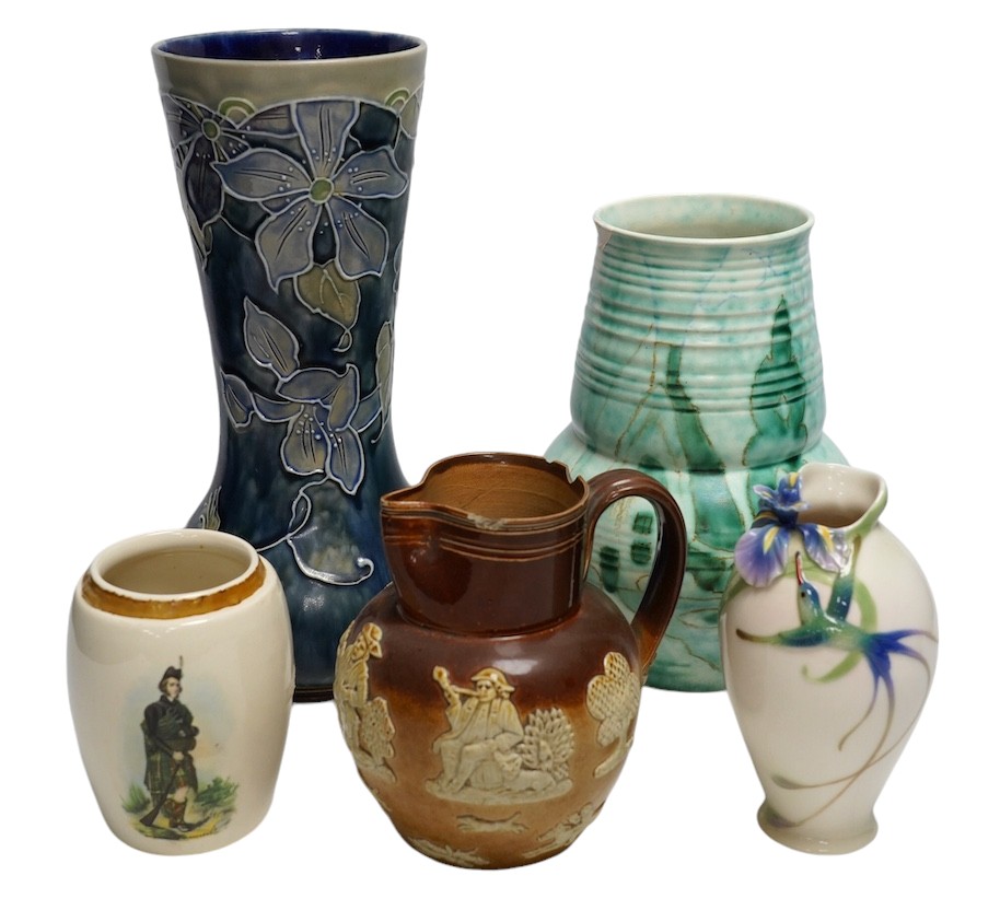 A Doulton Lambeth stoneware vase, a G.M. For Beswick vase, a Franz vase, a James Nicoll & Son and a Doulton stoneware jug, tallest 27cm. Condition - chips to Doulton